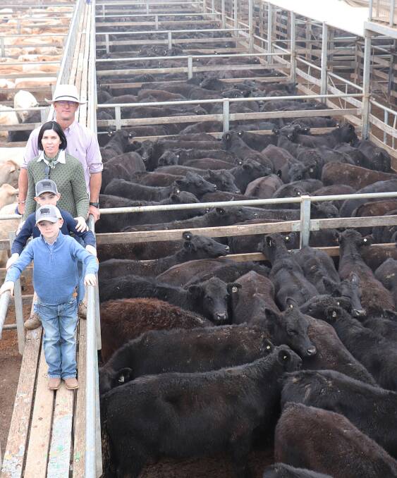 Julie and Jeremy Shaw with sons Leo and Henry from JS Grazing, Double J, Injune with a line of Angus steers that sold to 332c/kg, reaching a top of $1086 to average $963.