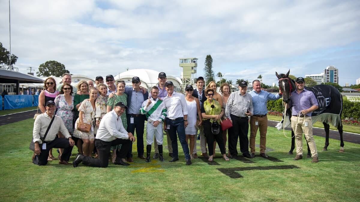 Now you see them - now you don't! Winning connections after 2YO filly Kisukano won the 2YO Jewel at the Gold Coast. All TAB and non-TAB meeting across the state will now be held without patrons including owners until further notice. Picture: Racing Queensland
