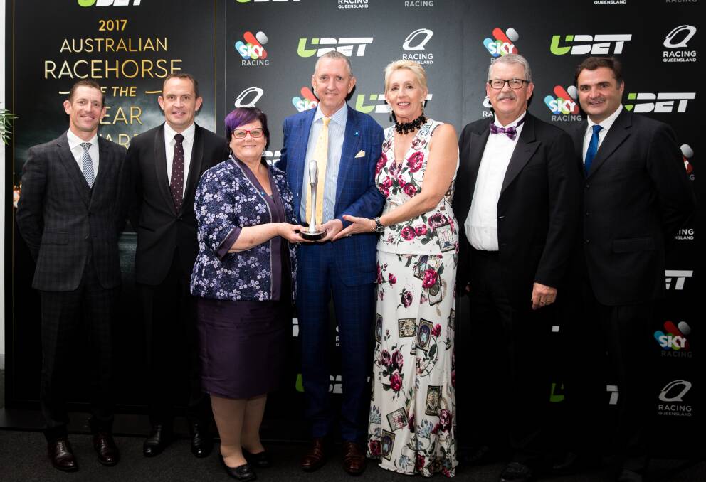 Team Winx at the Australian Horse of the Year awards (from left): Hugh Bowman (jockey), Chris Waller (trainer), Debra Kepitis (co-owner), Peter (co-owner) and Patty Tighe, Paul Kepitis and Magic Millions Managing Director Vin Cox.