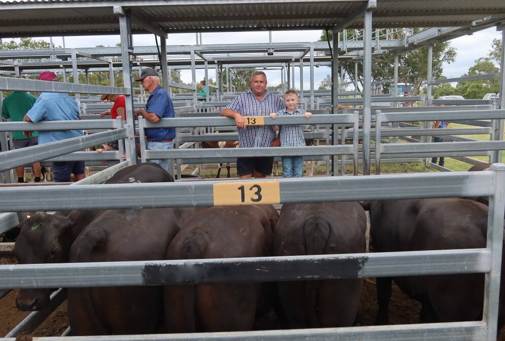 Jason Daley and son Harry Daley, Haigslea, sold Brangus steers two years for $1700. Picture supplied