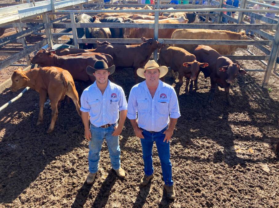 PJH agents Bennett Ladbrook and Steven Goodhew with a pen of Camelock Rural steers that sold to 701c/kg, reaching a top of $1322 to average $1261.