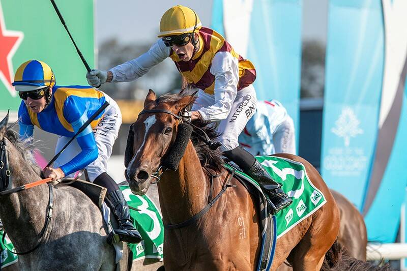 A Man To Match (outside) ridden by apprentice jockey Bayley Nothdurft races past eventual third place-getter Fun Fact (rails) ridden by Damian Lane to win the inaugural The Wave (1800m) at the Gold Coast. Picture: Magic Millions 