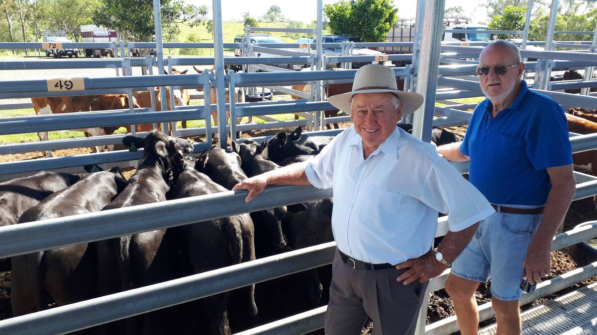 Neville Brook (left), Laravale, pictured with Terry Dickson, Jimboomba, sold Brangus cross heifers for $690.