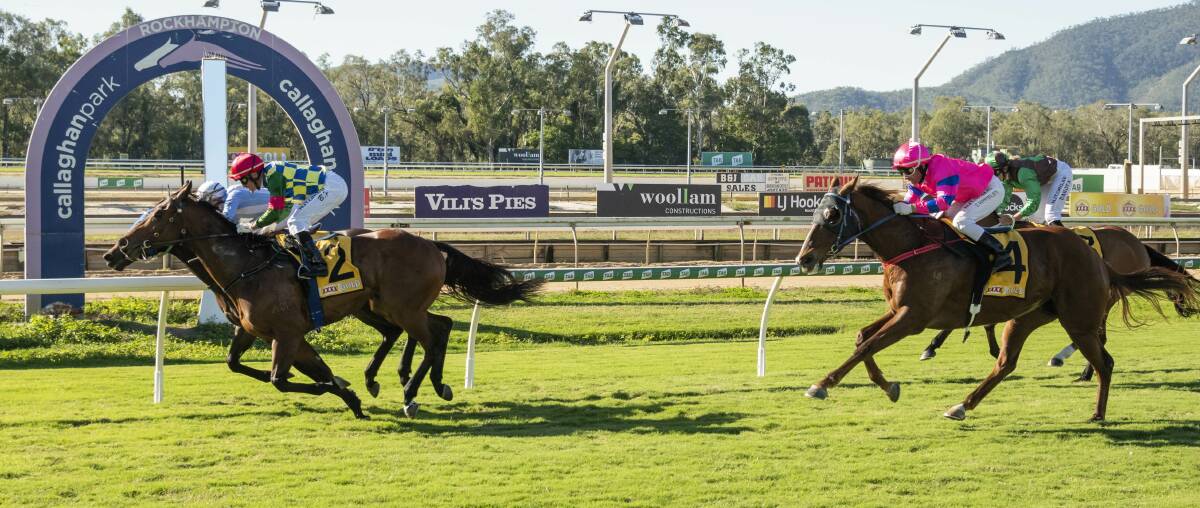 A photo-finish in an 1100m open handicap at Rockhampton saw Raiden (outside) ridden by Brad Pengelly prevail over Master Jamie (obscured on rails) ridden by Les Tilley. Picture: Caught in the Act Photography CQ