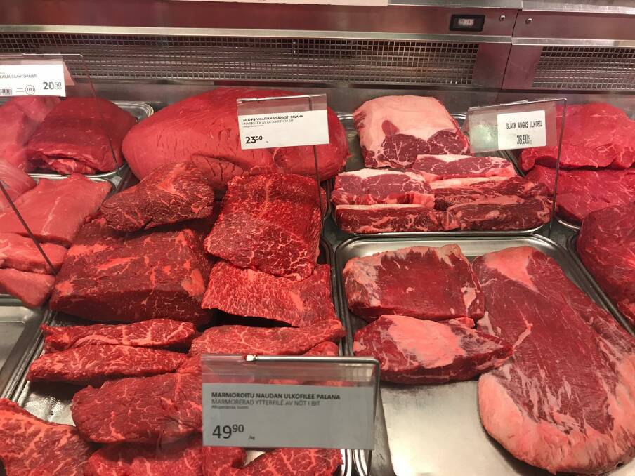 In Helsinki, reasonable looking Angus striploin (porterhouse) was selling for AU$70/kg, while lesser quality flap (sirloin butt) was retailing for AU$46-47/kg.