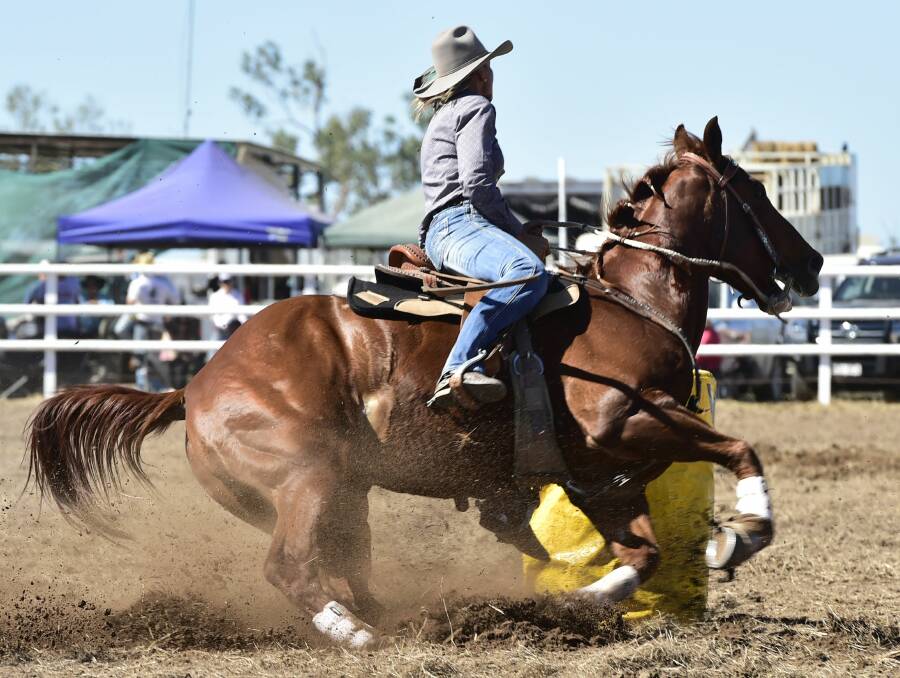Leanne Caban competes in the barrel race. There are 30 in the ladies' barrel race at Biloela.