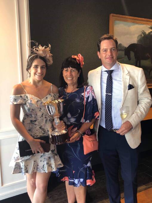 Part of the ladies’ ownership group celebrating at Flemington after 3YO filly Sunlight won the Group 1 Newmarket were Emerald-based Jordan (left) and Rae Fletcher with Dan Fletcher (father and husband). The Fletchers are in the partnership that bred Sunlight and own her dam Solar Charged.