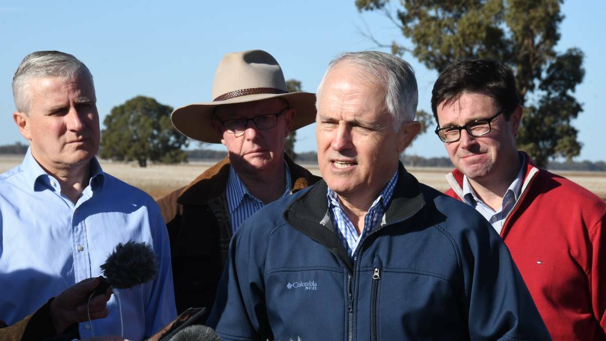 Prime Minister Malcolm Turnbull was accompanied by Deputy Prime Minister Michael McCormack, Minister for Agriculture and Water Resources David Littleproud and Member for Parkes Mark Coulton to announce the drought-relief drought support. Photo: AMY MCINTYRE