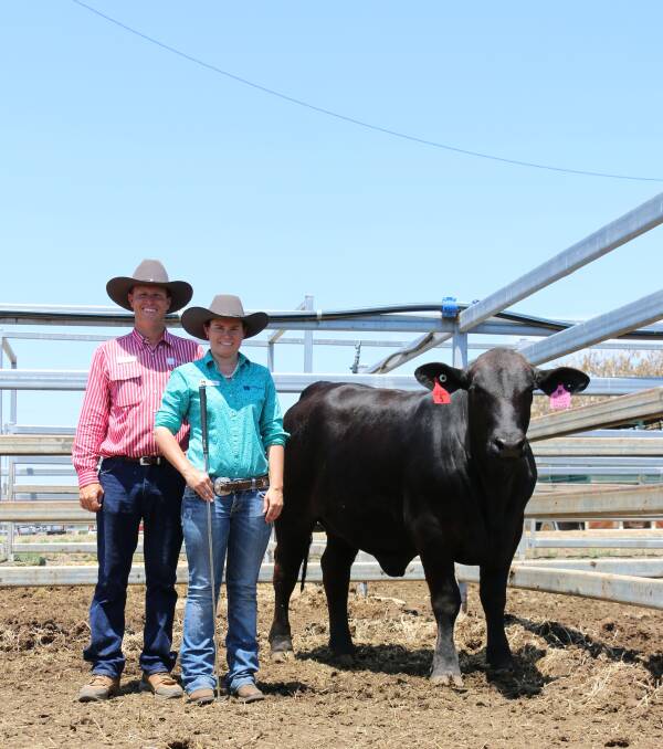 The $60,000 Australian Brangus record female sold to Troy Mitchell and is pictured with vendor Stephen and sister Fiona Pearce, Telpara Hills Brangus.

