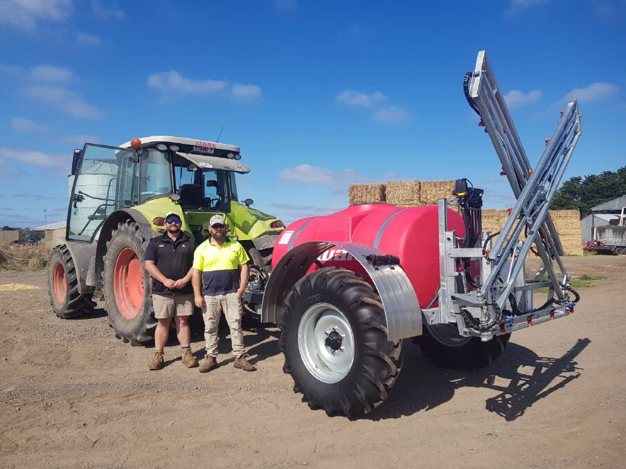 ORGANIC SREADER: Paul Lisstro, Cervus Equipment Australia, Terang, with dairy farmer, Simon Scott, Barongarook West, south west Victoria, and his modified Silvan sprayer.