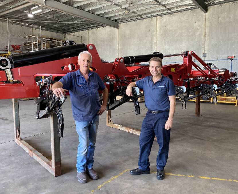 BUILDING THE FUTURE: John Branton, tillage assembly team leader at McIntosh Distribution, and the company's Duncan Murdoch busy working on the latest Morris C3 Contour drills.