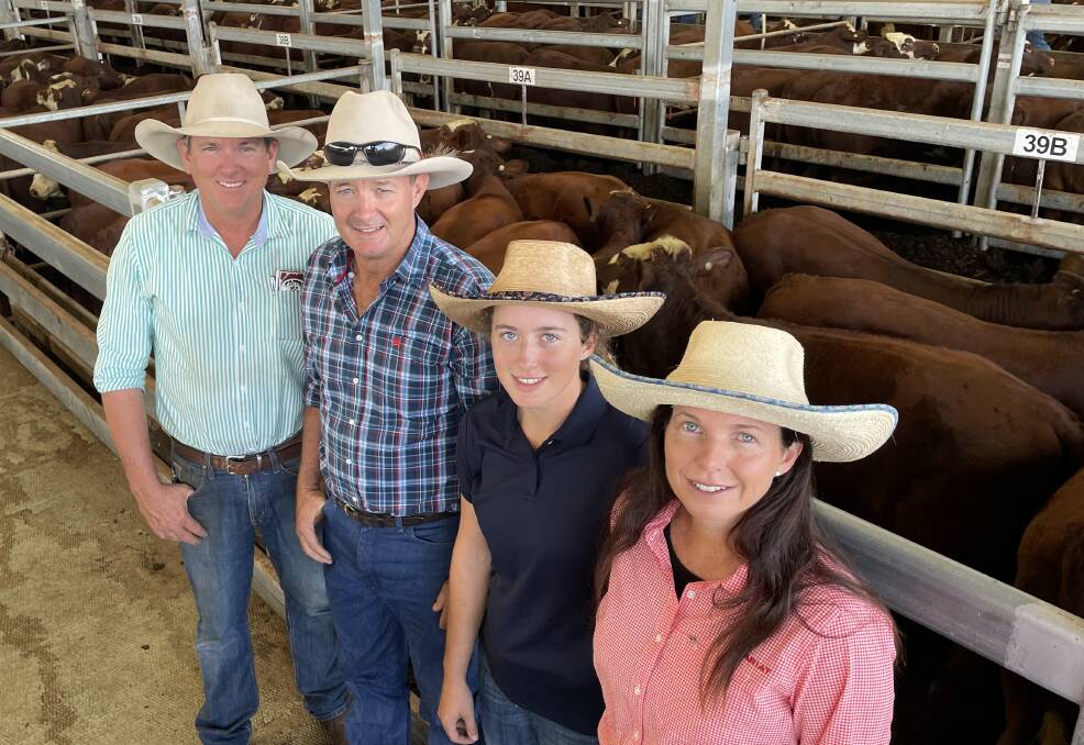 Champion Santa Gertrudis/Hereford steers at Casino on Friday produced by Jamie, Emily and Vanessa Smith, Urbenville, pictured with judge Joe Streeter, Karimya at Taroom, Qld, who praised the family's ability to create consistent quality "every year".