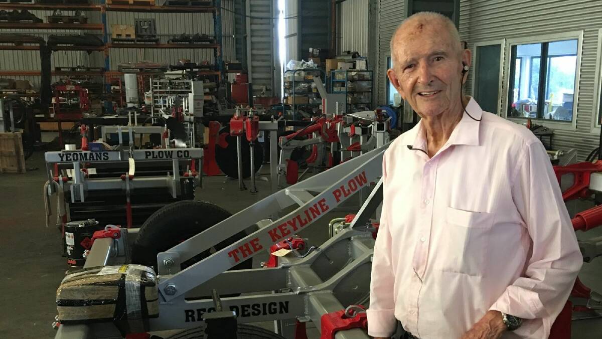 Allan Yeomans in the shop where the Keyline Plow is made. Energetic until his last days, Mr Yeomans continued to work, think and play until his dying days. Photo courtesy the Yeomans family.