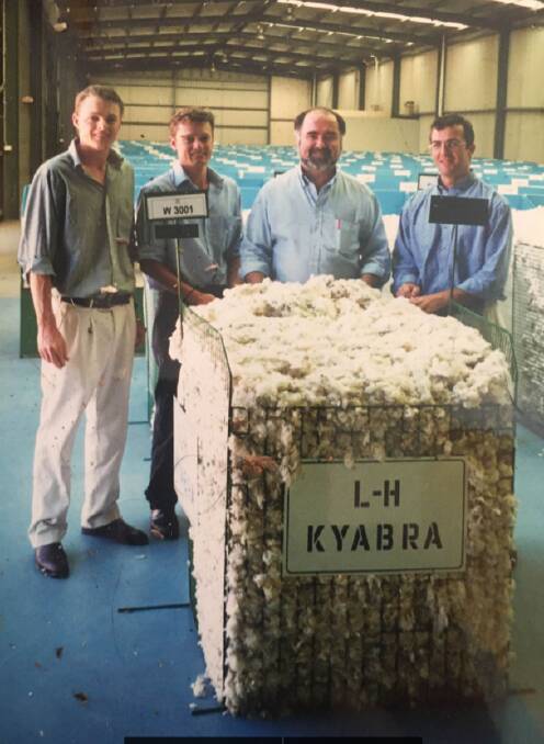 Peter and Andrew Lytton-Hitchins of Kyabra Pastoral Group, Don Belgre of Lempriere and Peter Soles, TWG Wool managing director with a New England regional seasonal record price for a 13.8 micron bale of wool bought by Don Belgre on account of Giovanni Schneider. That clip's top two bales realised $22,000 each and the top 20 bales averaged $8900.
