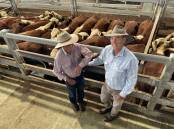 Jim and Andrew Peterson, Old Koreelah, with de-horned Hereford steers that sold for 730.2c/kg for 312.4kg or $2280. The partnership sold 115 Hereford weaners sired by Anson and McPherson bulls to an average of $1935.