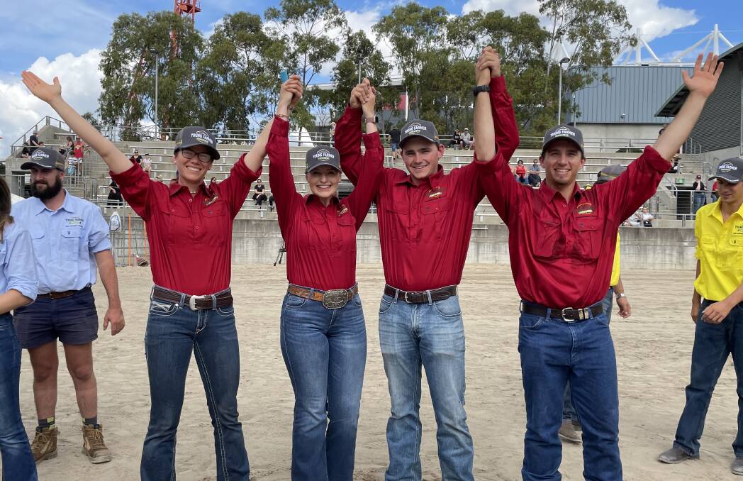 National Young Farmer competition winners Sarah Rose, Toogoolawah; Mikyla Hogno and Joshua White, Warwick with Lawrence Sehmish-Lahey, Goondiwindi. the team met for the first time just hours before the event.