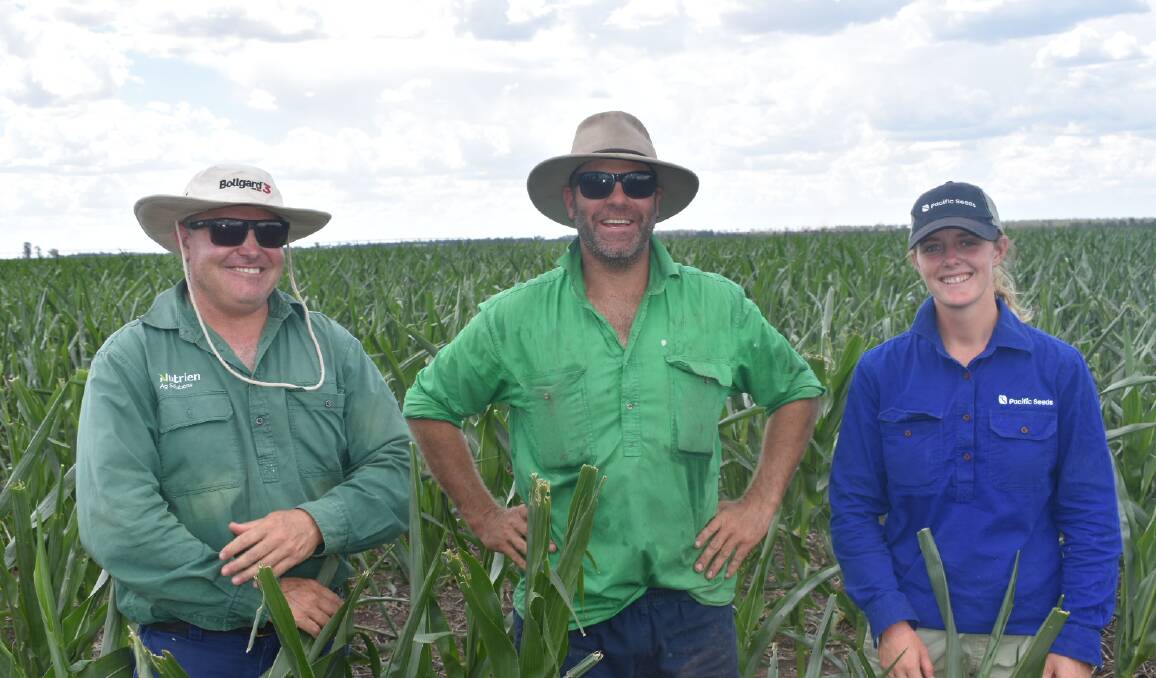 Nutrien Agronomist, Jamie Innes with corn farmer Ben Johns, and Seed Production Agronomist, Chloe Crothers. 