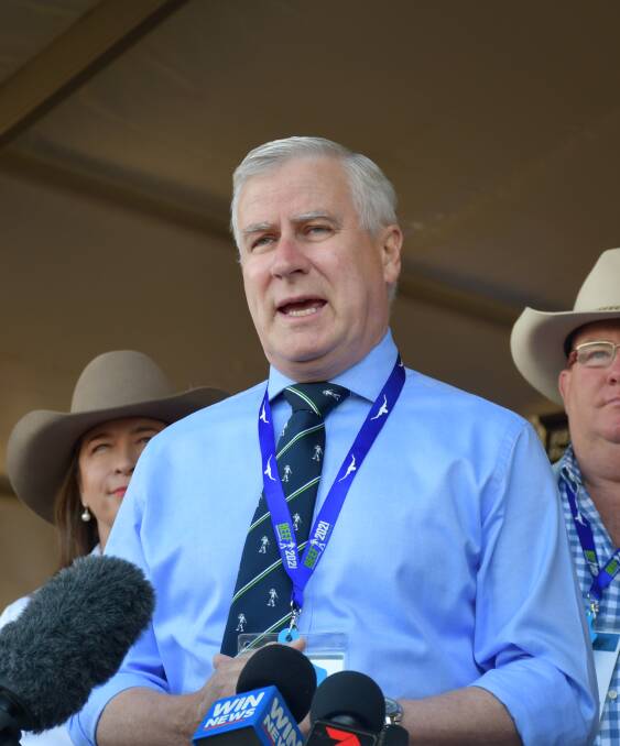 Deputy Prime Minister Michael McCormack speaking from Beef Australia's stud cattle shed. Photo: James McManagan
