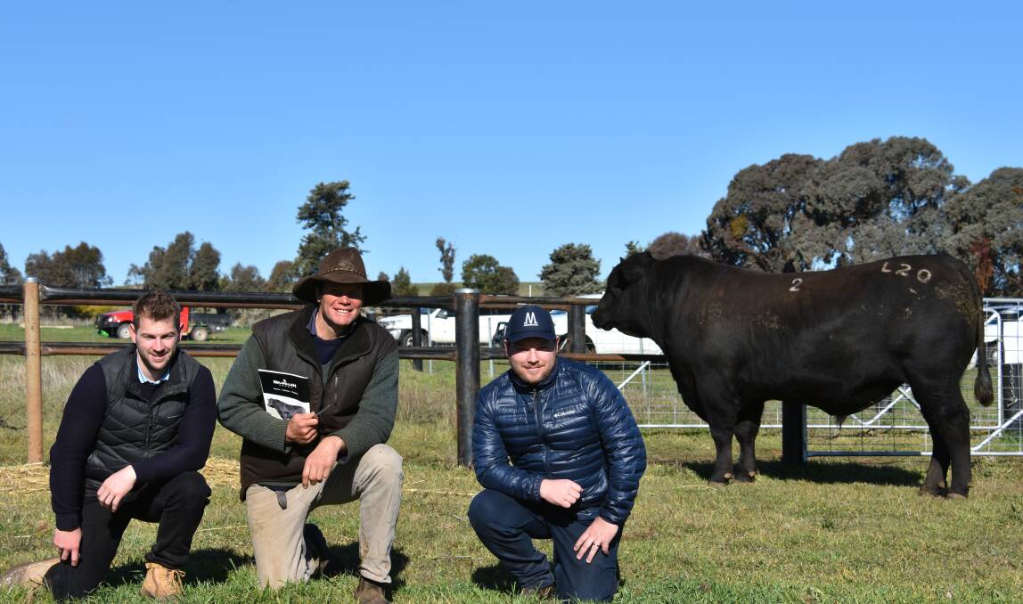 Will Caldwell with purchasers of $27,000 top price bull Milwillah Reality L20, Sam and Patrick Hayden, Buchan Station, East Gippsland, Victoria. Buchan Station are repeat purchasers having bought three Milwillah sires previously.