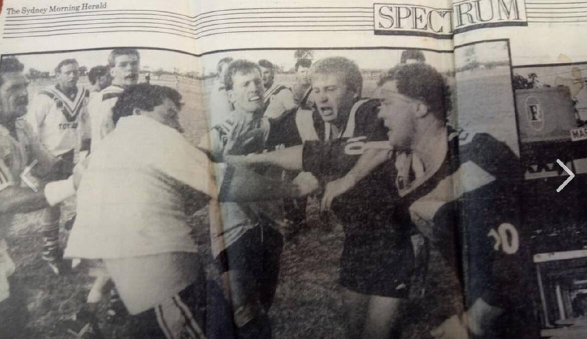 This famous bust-up between Barcaldine and Blackall made the front page of the Sydney Morning Herald's Spectrum section in 1990. Source: Raylene Osmond. 