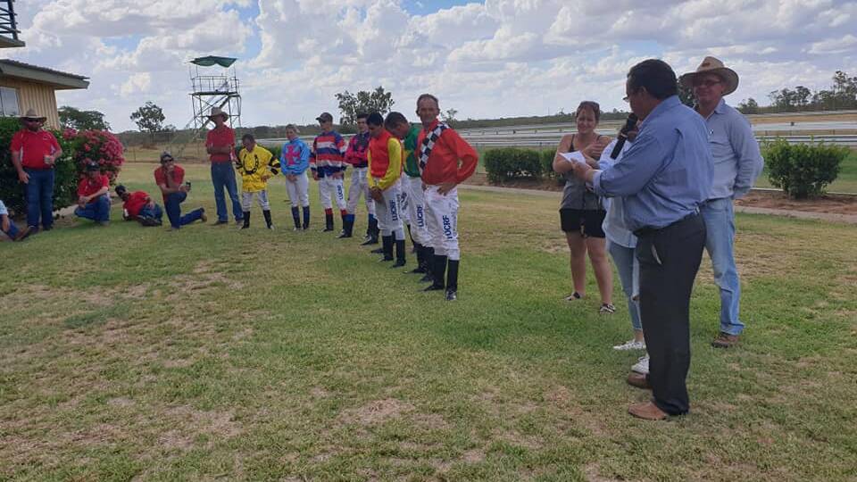 Barcaldine Mayor Rob Chandler addresses the crowd to say some kind words about Jim at the Jim Allpass Race Day. 