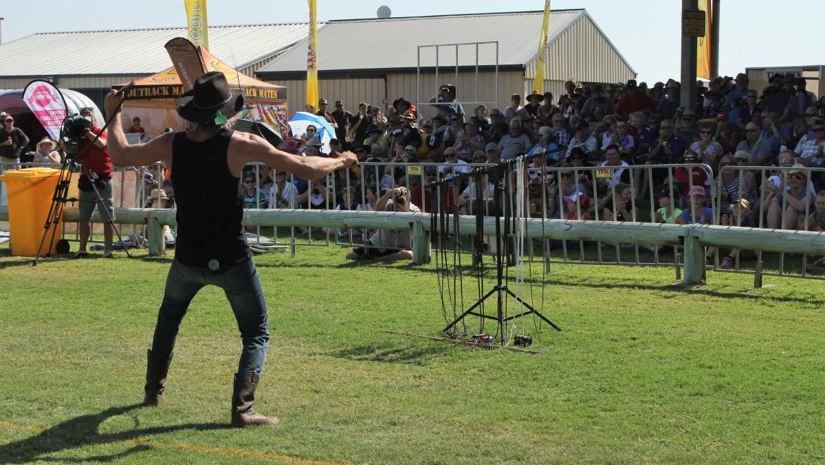 Nathan 'Whippy' Griggs entertains the crowd at Winton's Outback Festival in 2017. PHOTO: Sally Cripps. 