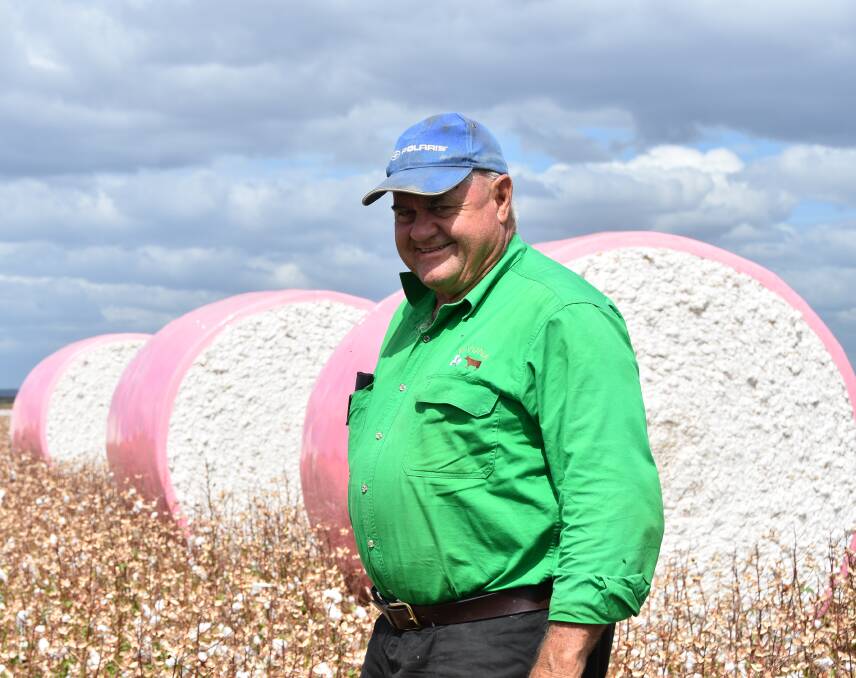 Cotton grower Ian Burnett stands in front of some of the pink bales produced on his Wyuna property outside of Emerald. 