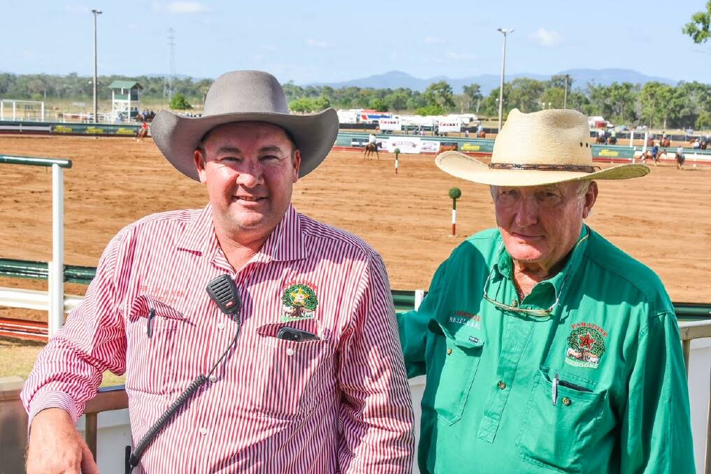 Paradise Lagoons Campdraft president Tom Acton, with announcer Trevor Shelly, Wandoo Station, Nebo. 