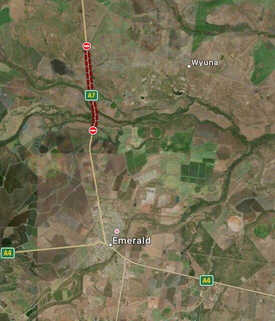 RISING flood waters brought on by heavy rainfall in the Sapphire Gemfields catchment has closed the Gregory HIghway, 20km north of Emerald. Picture: Google Maps