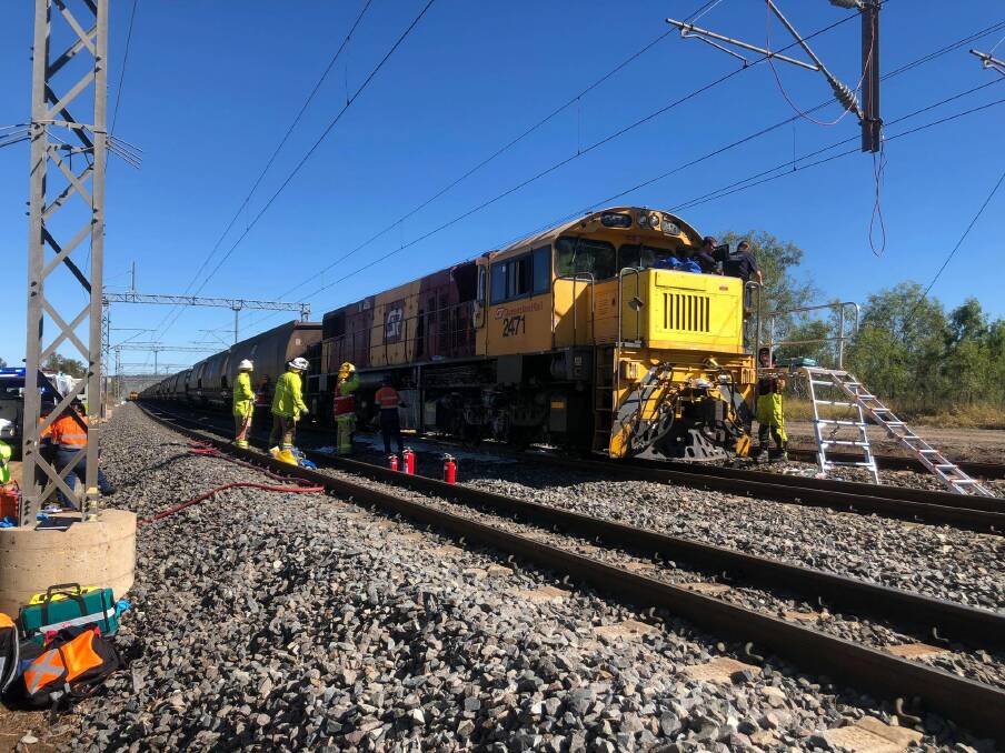 Queensland Rail has released a statement regarding the collision between a light engine locomotive and coal train at Westwood, west of Rockhampton on Friday 18 June. Picture: RACQ CapRescue 
