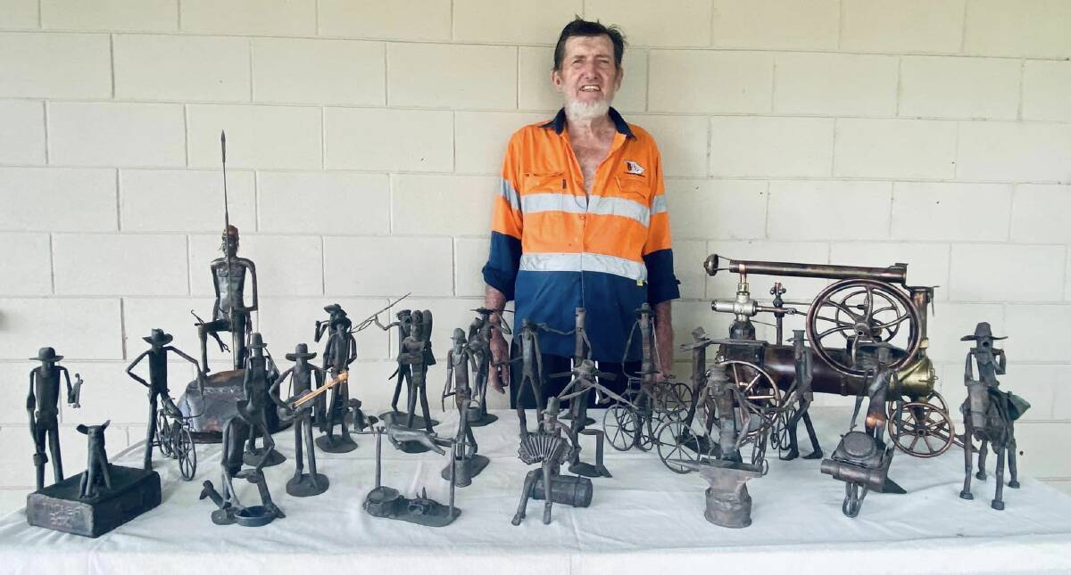 Springsure retiree and egineer Barry Smith with his copper sculptures on display. Pictures: Mindy Durdin 