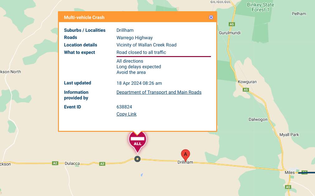 The Warrego Highway near the vicinity of Wallan Creek Road, east of Drillham remains closed in both directions. Image: Qld Traffic 