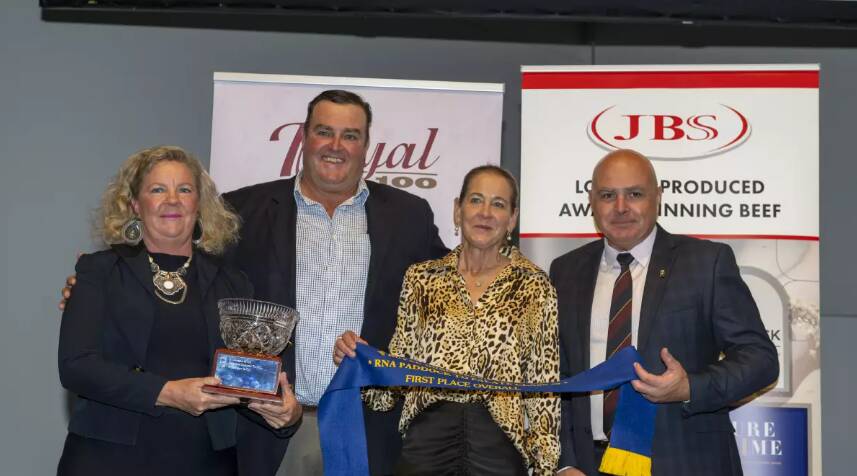 RNA councillor Liz Allen, with 2023 Paddock to Palate award winners Spencer and Sophie Morgan, The Grove Shorthorns Condamine, and Brad James, Rabobank. Picture: Brandon Long 
