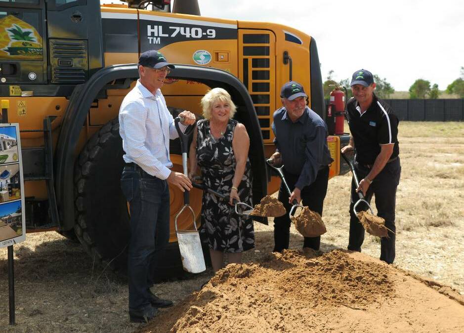 Former director of Tropical Pineapples and Hidden Valley Harvest Joe Craggs, Federal Member for Capricornia Michelle Landry, former Livingstone Shire Council mayor Bill Ludwig and principal of ASM Builders Sam Milfull at the facility's sod turning event in late 2019. Photo: Supplied. 