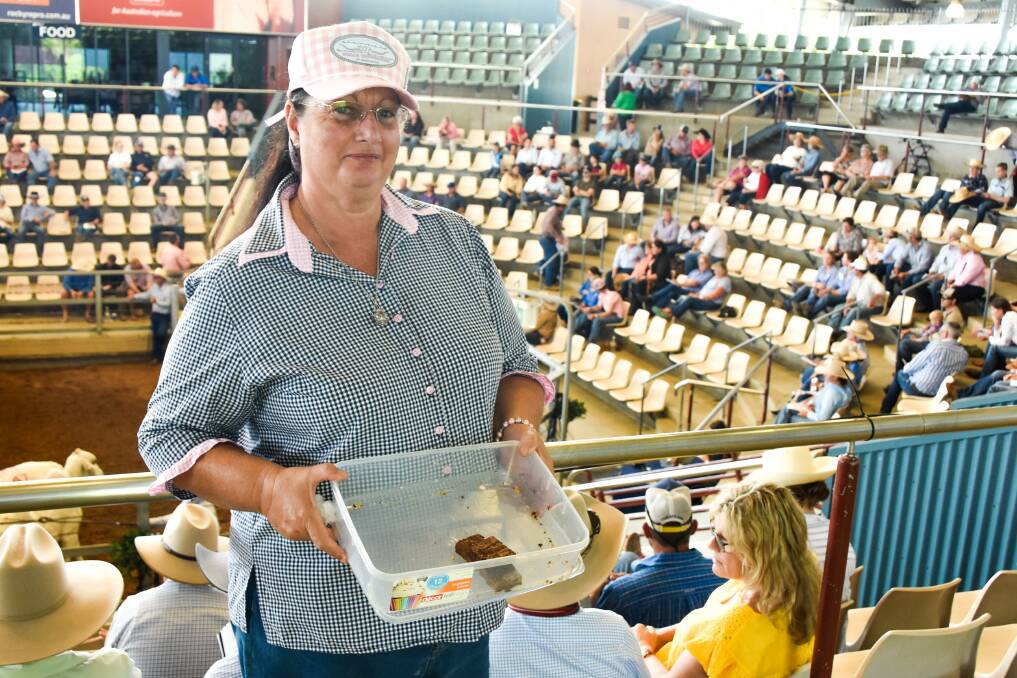 Gayndah grazier Cynthia Stark at the recent Elite All Stars Brahman Female sale in Gracemere, seen handing out chocolate and nutella slices to the crowd. Photo: Ben Harden 