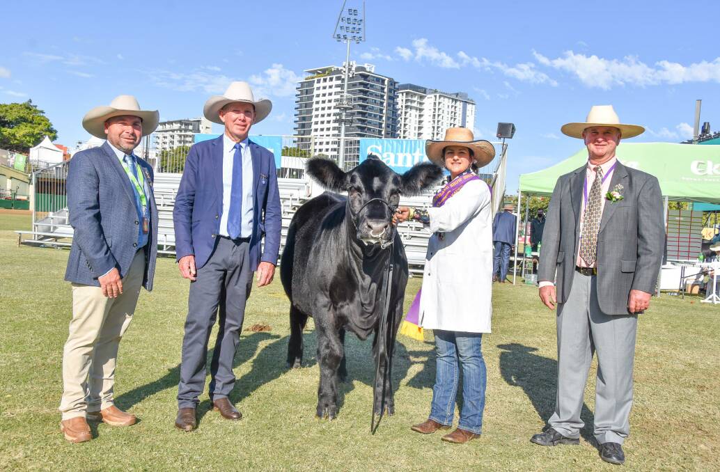 RNA competition overall winner Olivia Delaforce (centre), Toogoolawah, with judges Martin Rowlands, Hamlet Downs, Barcaldine, David Smith, Ben Lomond, NSW, and RNA councilor William Roberts, Victoria Downs in Morven. Picture: Ben Harden 