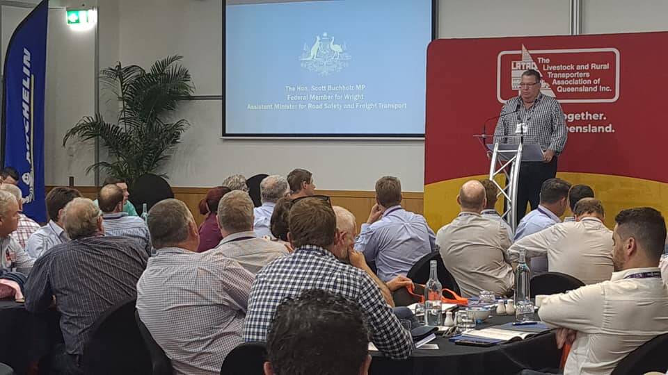 Federal assistant minister for Road Safety and Freight Transport, Scott Buchholz MP addressing members of the Livestock and Rural Transporters Association of Queensland on the weekend. 