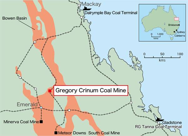 Gregory coal Mine is located approximately 60km north east by road from Emerald. Map: 