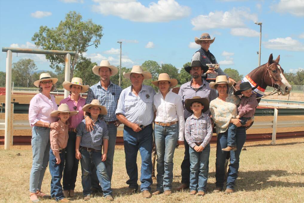 CHAMPION: Bryony Puddicombe, astride CD Catt, with the Acton family at the conclusion of the 2021 Paradise Lagoons Campdraft event, held at the Val and Tom Acton MBE Memorial Complex near Rockhampton. Picture: Ben Harden