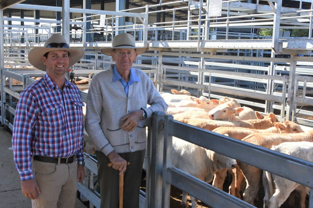 Will Davidson with his grandfather Neville of Roper Downs, Middlemount, sold their quality run of Charbray steers for 612.2c/kg, weighing 202kg and returning $1197/head. Pictures: Ben Harden