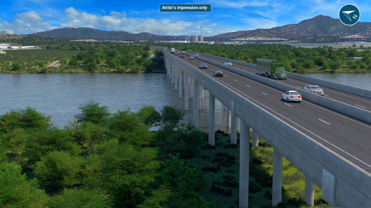 A new 250-metre bridge crossing of the Fitzroy River would be constructed for the Rockhampton Ring Road project. Artisit impression supplied by TMR