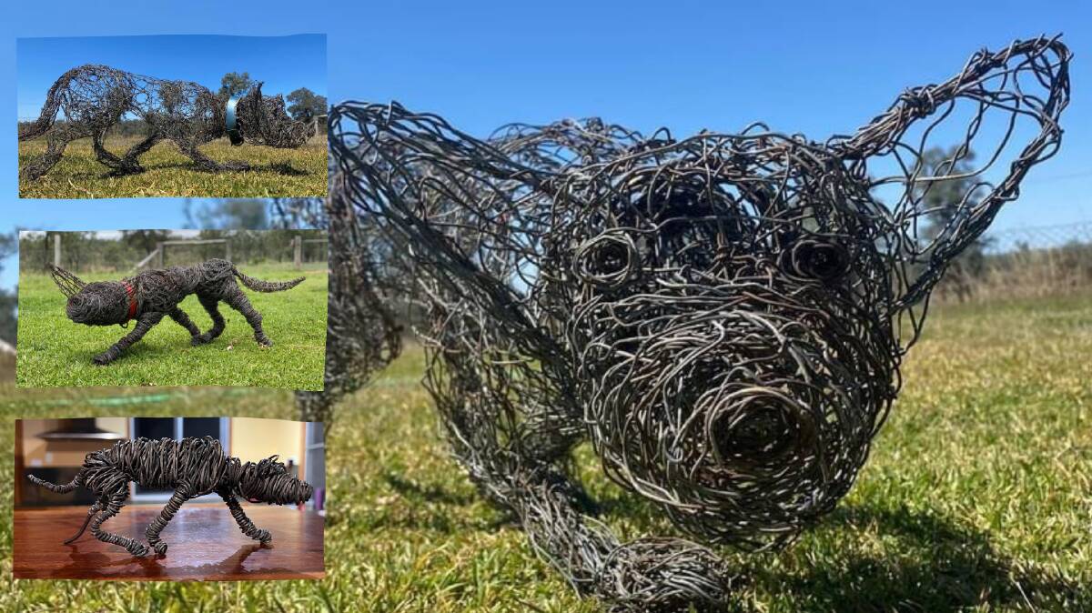 "Rusty the working dog a recycled wire sculpture handmade by Melissa. Photos: Supplied 