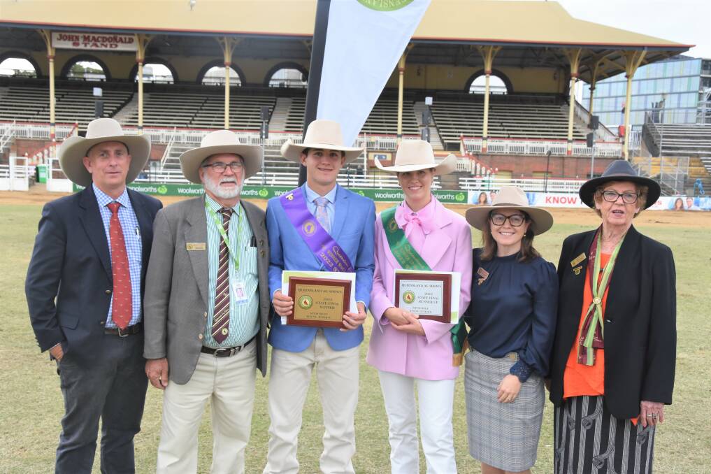 Qld ag shows coordinator Rowan O'Hara, senior vice president Peter Curtis, overall champion Hayden Hanson, Theodore, runner-up and sister Bella Hanson, Theodore, president Kerri Robertson, and treasure Monica Sheridan. Pictures: Ben Harden 