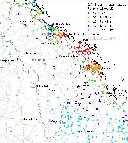 Townsville to Mackay 24 hour rainfall and river conditions from Sunday 9am. Map: BoM 