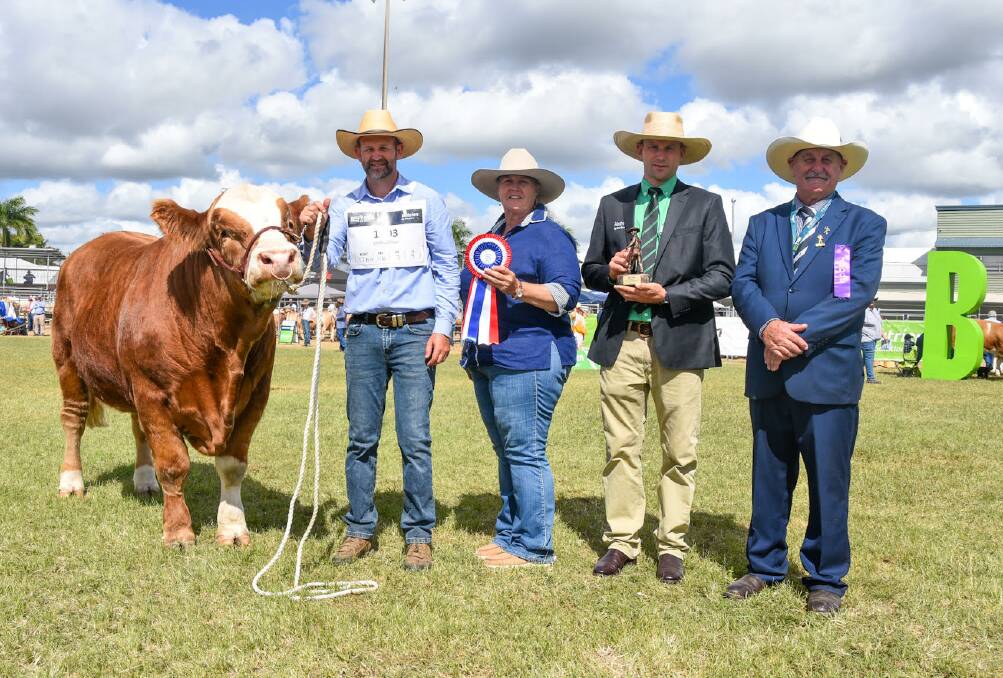Grand champion male, Tennysonvale Theo, exhibited and led by Carl Baldry of Tennysonvale Simmental Fleckviehs, Illabo, NSW, with Juanita Birch, Three Moon Fleckviehs, Nutrien Ag Solutions' Al Tippett, and judge Grame Hopf. Picture: Ben Harden 