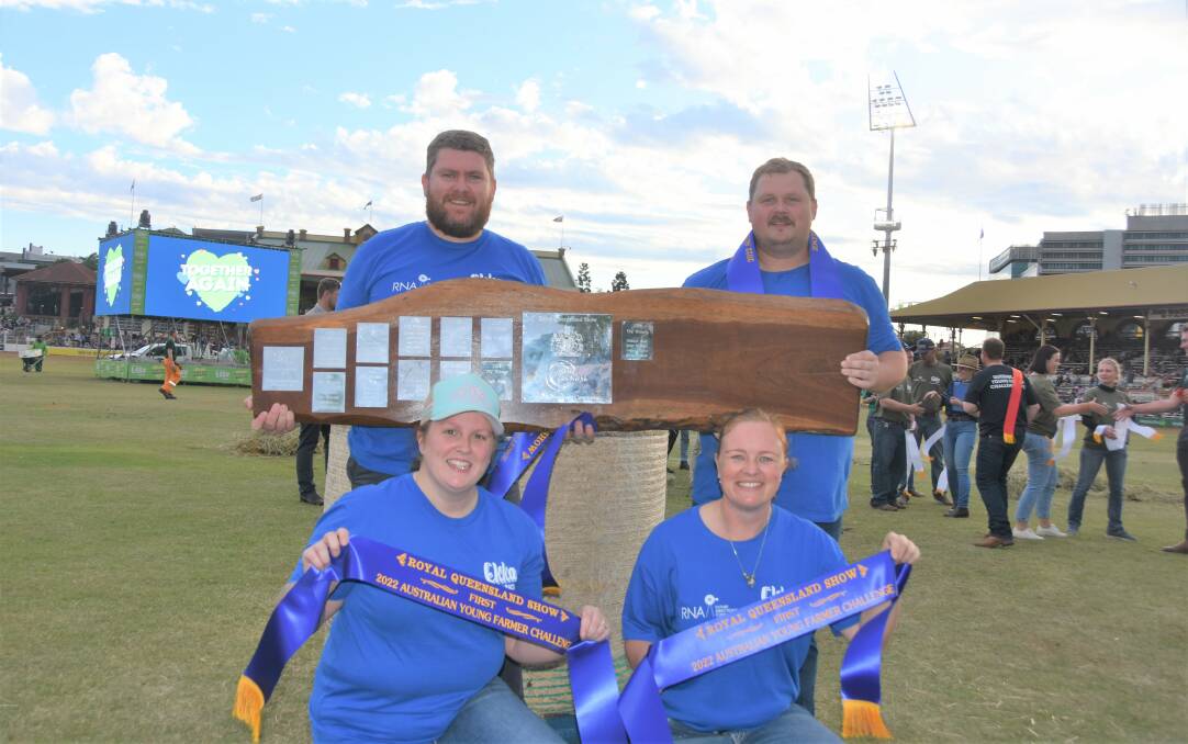 Young farmers challenge winning team Silverdale Studs - Tracey Fetherston, Tara Kempston, Shawn Fetherston, and Michael Bailee all of Brisbane. Pictures: Ben Harden