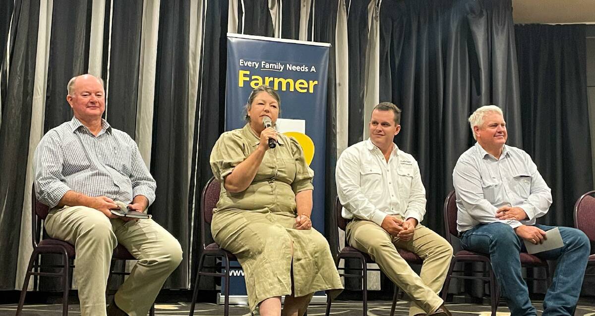 Guest panellists Cattle Australia chair David Foote, Signature Beef's Josie Angus, Nutrien Ag Solutions livestock agent Dane Pearce, Rockhampton, and AgForce cattle board director David Hill at the AgForce Queensland Key Industry Forum on Wednesday. Picture: Ben Harden 