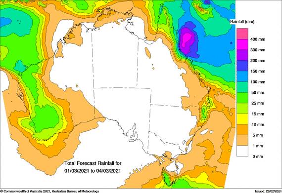 Rainfall: Total Forecast Rainfall for Monday 1 March 2021 to Thursday 4 March 2021. Map: BOM