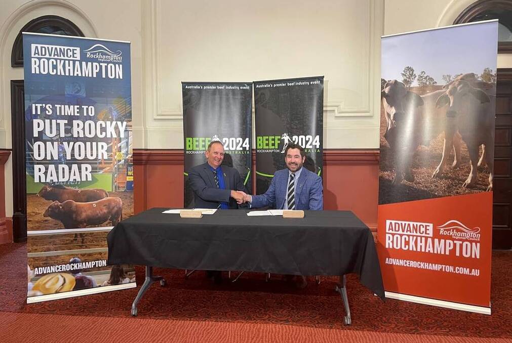 Rockhampton Region Mayor Tony Williams and Beef Australia chairman Bryce Camm at the signing of the memorandum of understanding to become strategic partners for the next 10 years. Picture: Beef Australia