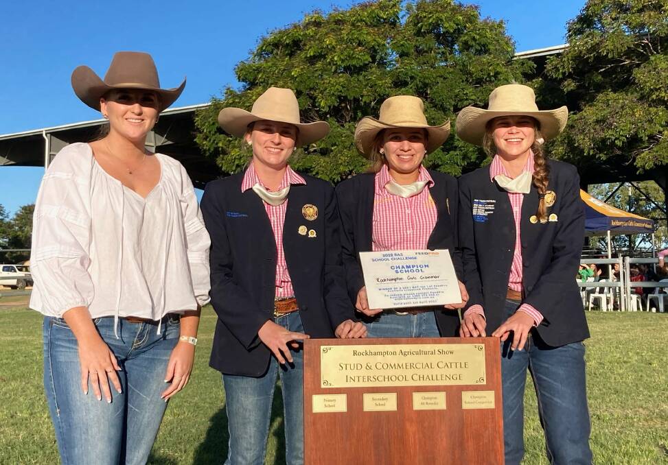 Olivia Newman of FeedPro Australia with the winning captains of the RGGS cattle team. Picture: Kate Chapman 